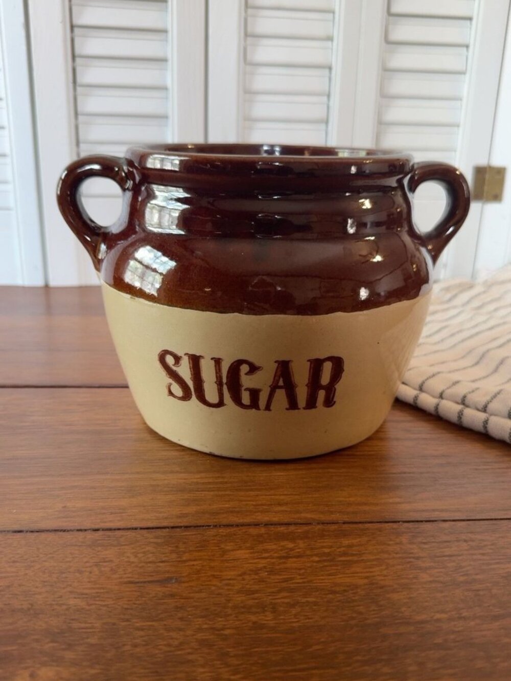 Vintage USA Stoneware Sugar Crock Brown Cream Farmhouse Pot